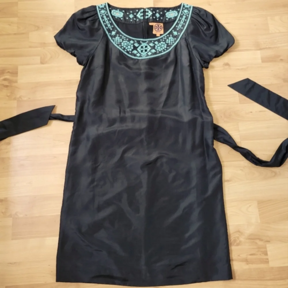 Tory Burch Lottie Black Silk Embroidered Belted Shift Dress 6